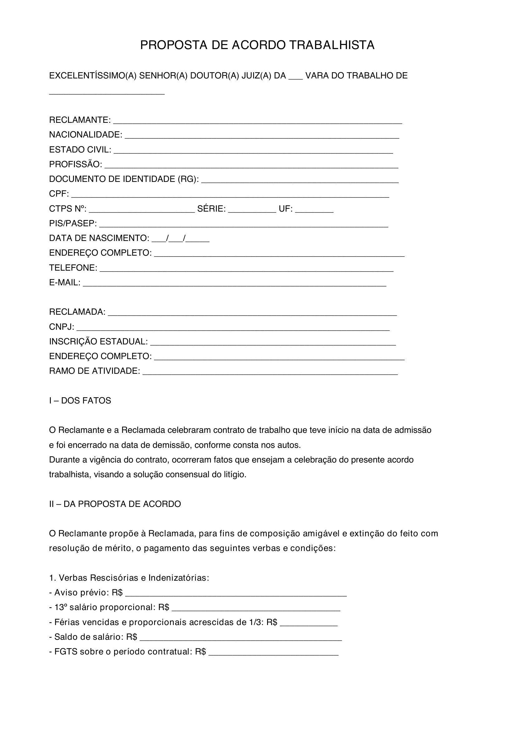 Modelo De Proposta De Acordo Trabalhista