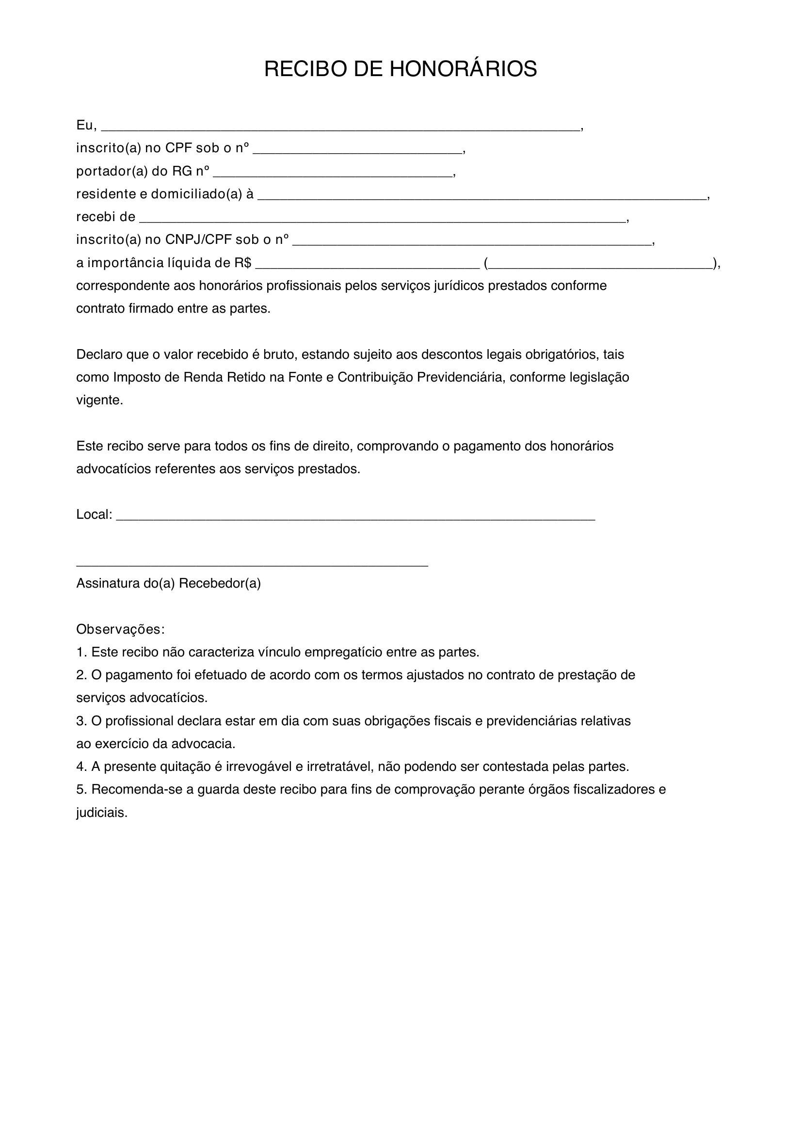 Modelo De Recibo De Honorarios