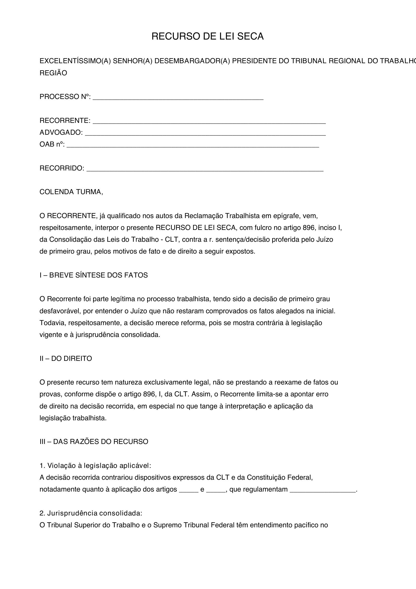 Modelo Recurso Lei Seca