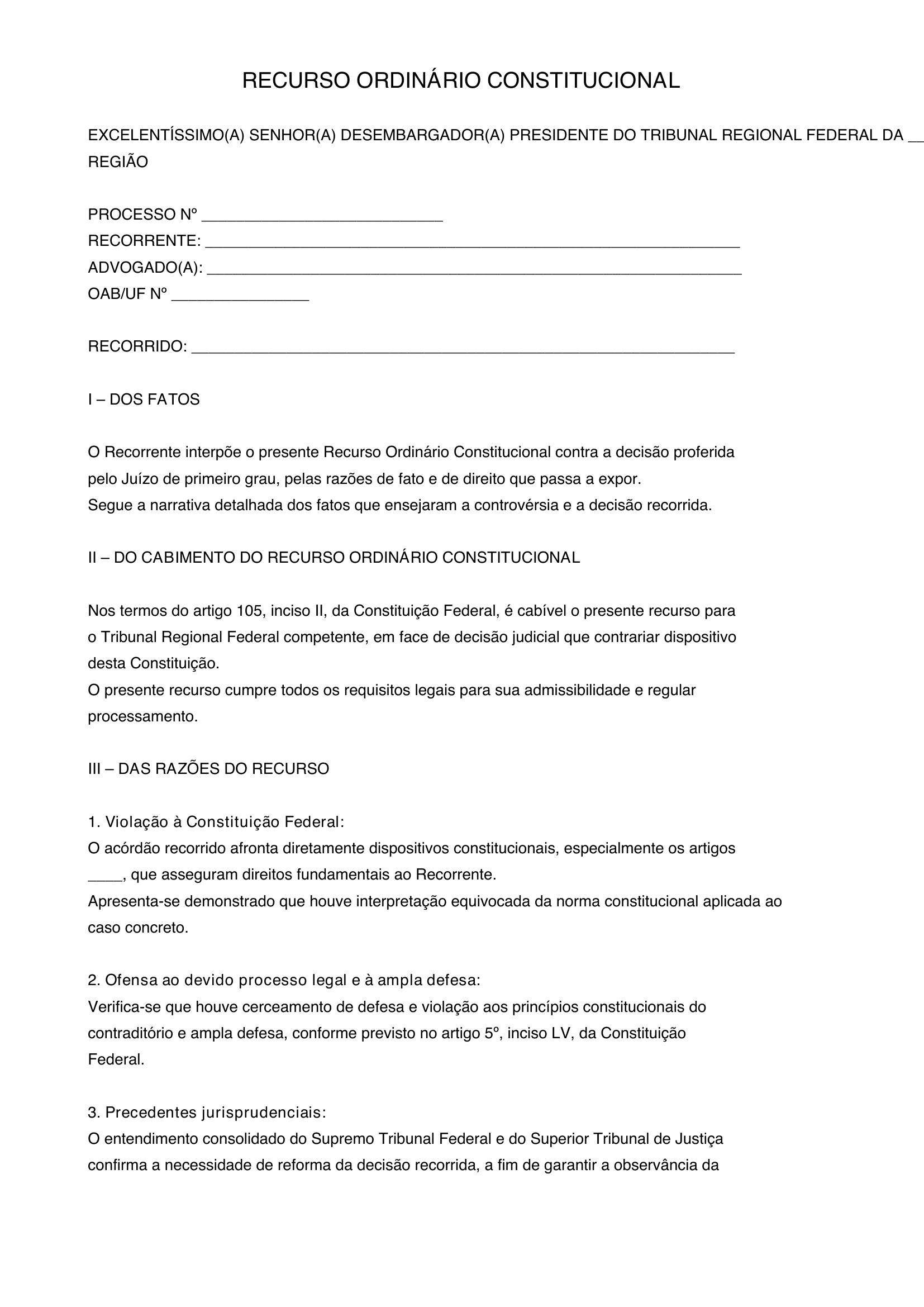 Modelo De Recurso Ordinário Constitucional