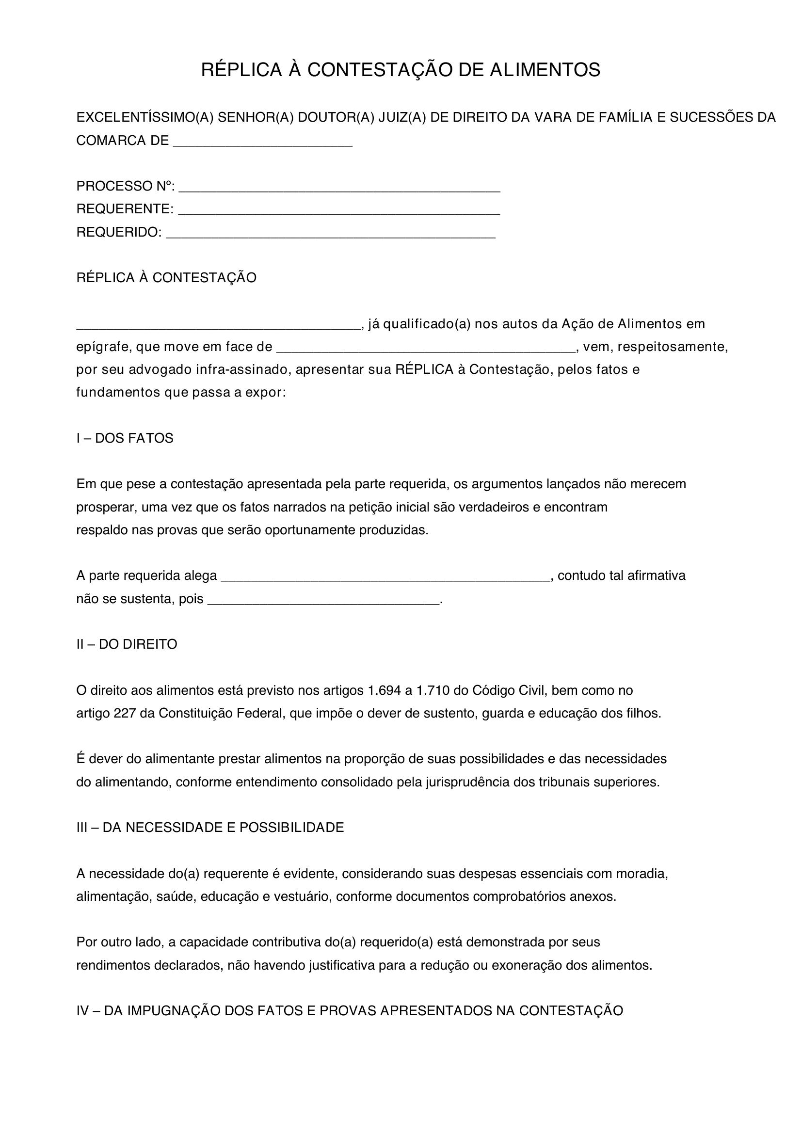 Modelo De Replica A Contestação De Alimentos