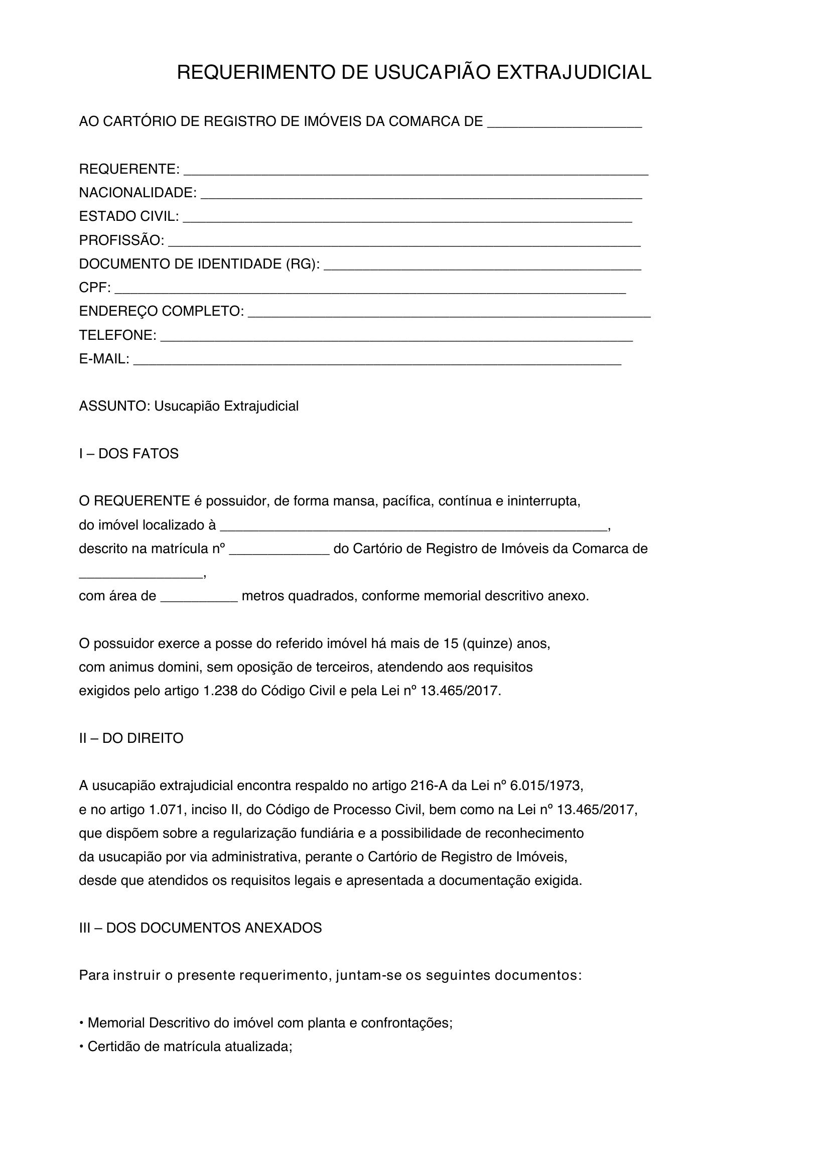 Modelo Requerimento Usucapião Extrajudicial