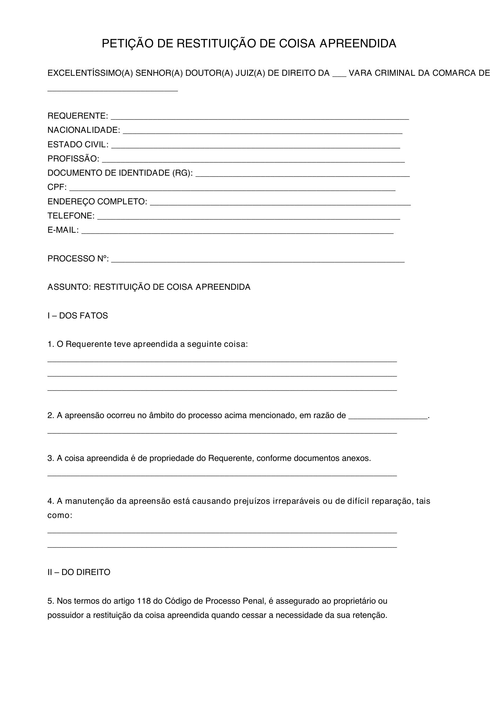 Modelo De Restituição De Coisa Apreendida