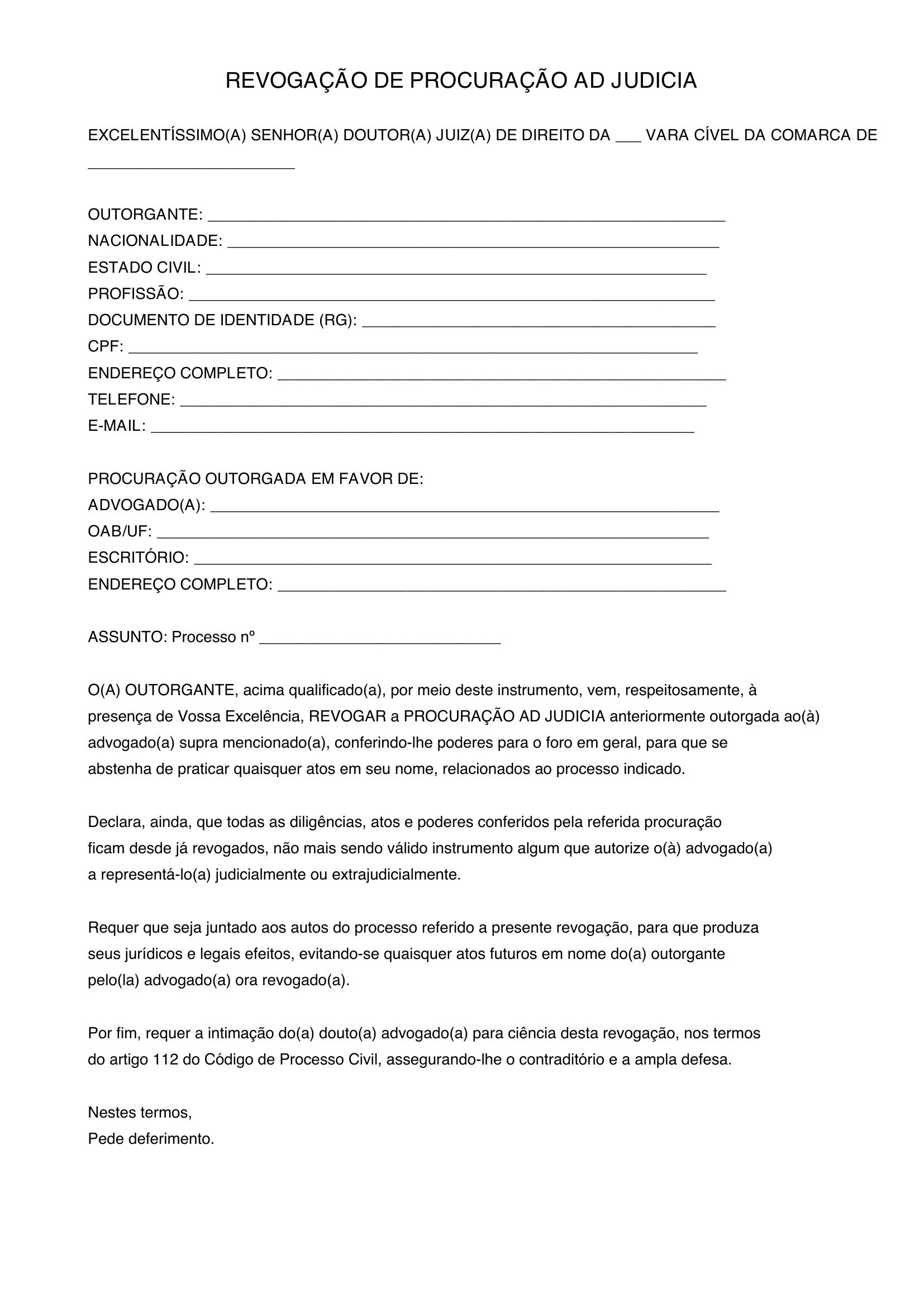 Modelo De Revogação De Procuração Ad Judicia