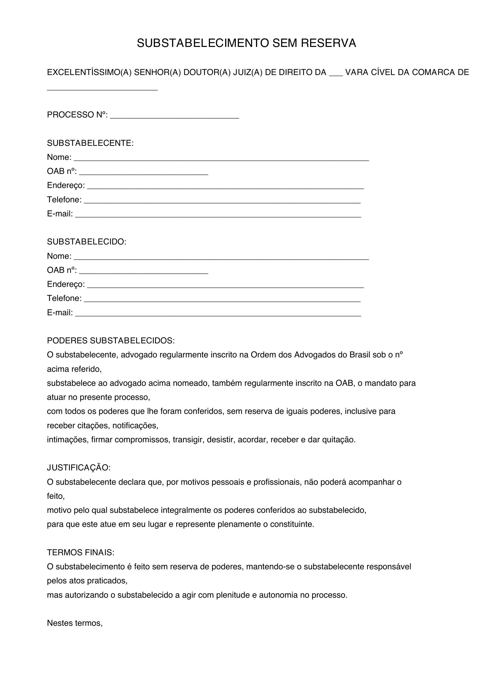 Modelo De Substabelecimento Sem Reserva