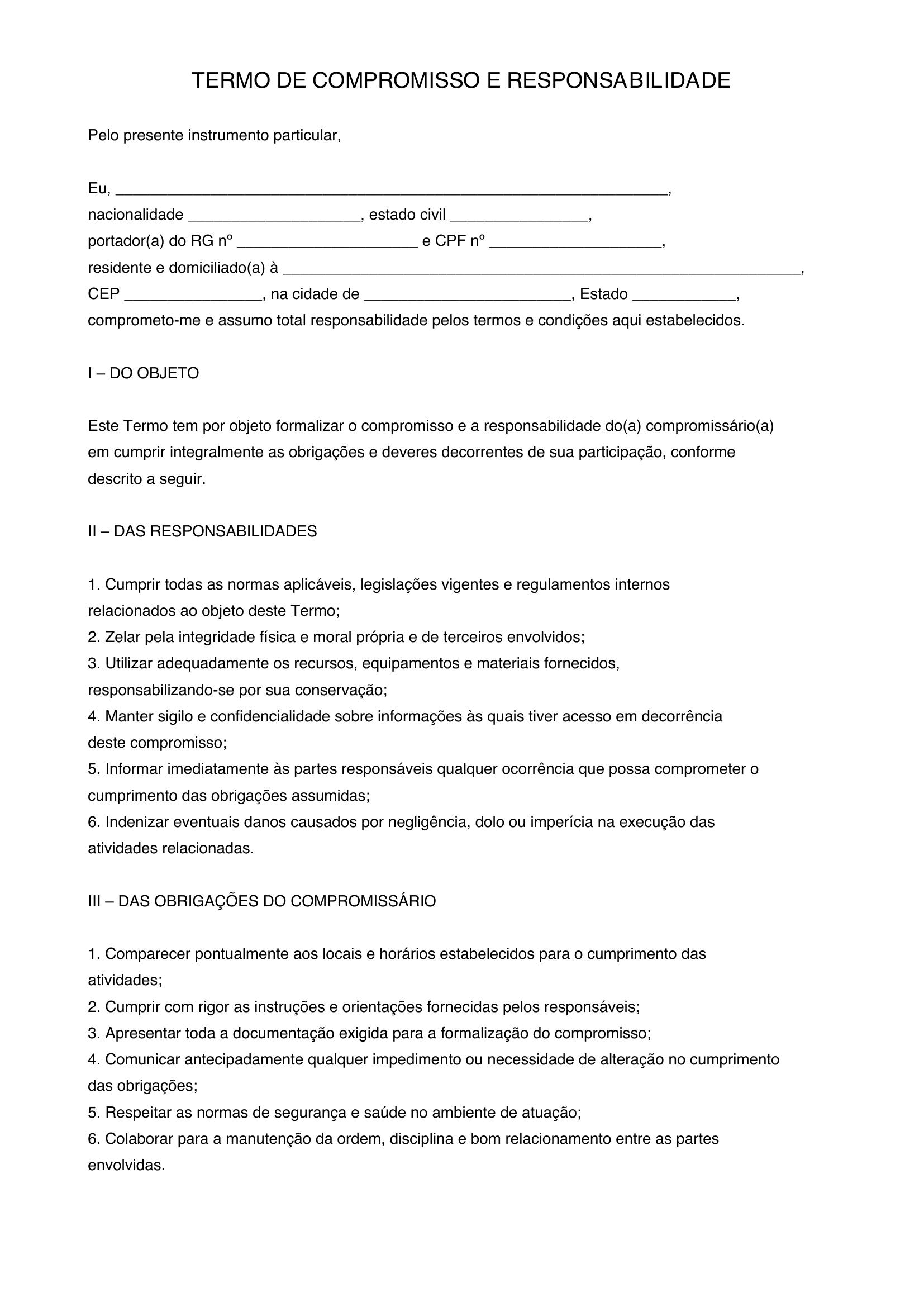 Modelo De Termo De Compromisso E Responsabilidade